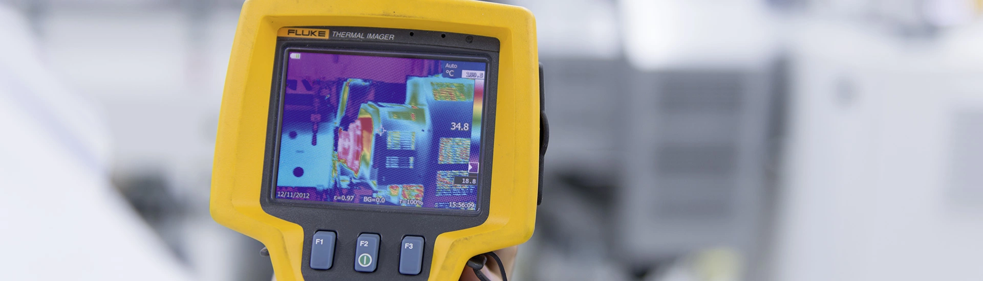 Der Monitor eines Infrarot-Messgerät zeigt das Wärmebild eines Tubenextruders
