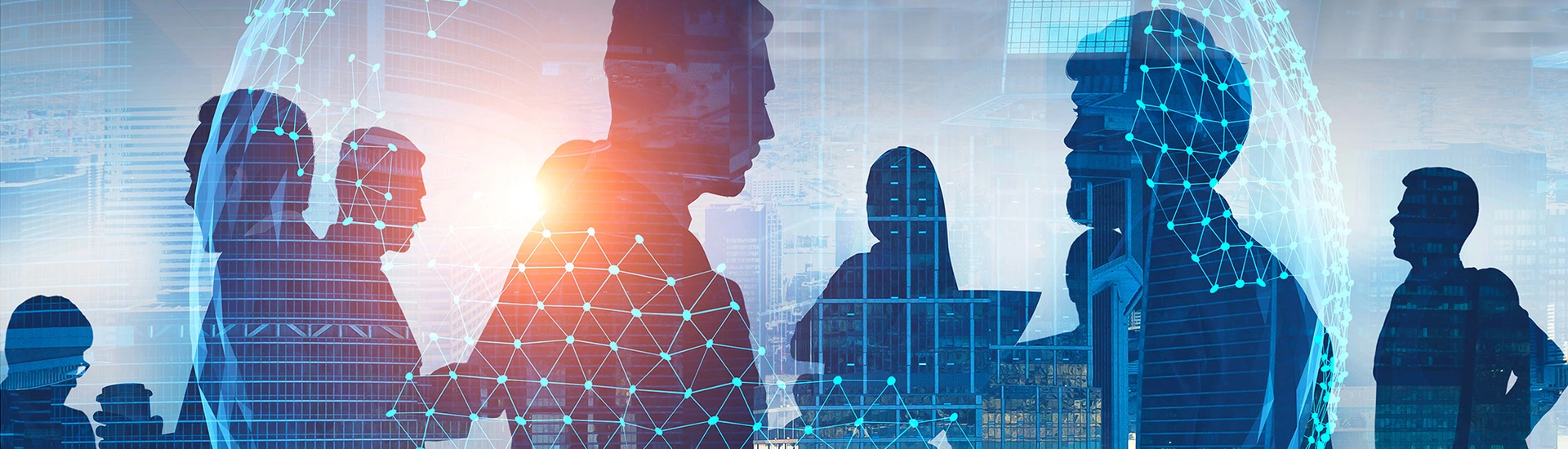Menschliche Silhouetten kommunizieren in einer futuristischen Umgebung